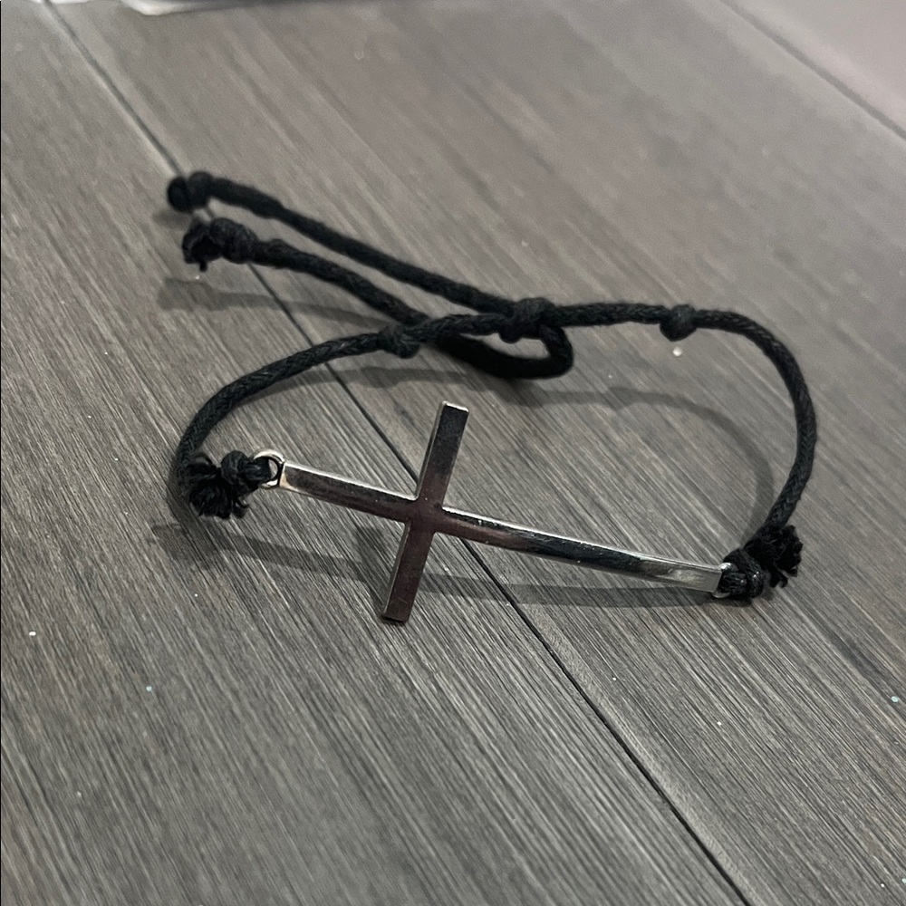 Silver Cross Cord Bracelet in Black